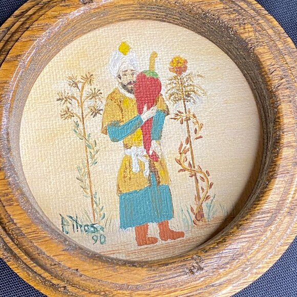 1990 Signed Hand Painted Mini Acrylic Persian Style Painting in Round Oak Frames - Picture 4 of 8
